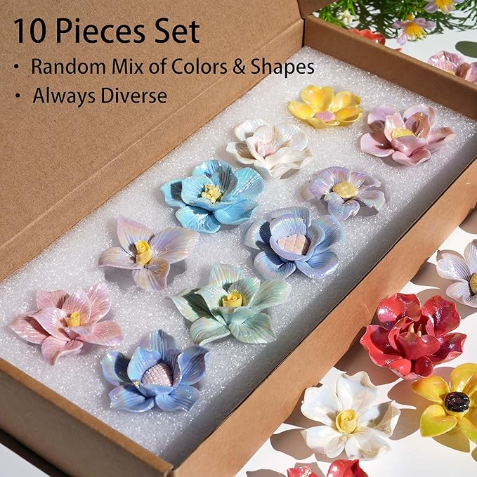 Lanyani 10 Pieces Iridescent Ceramic Blossom for Mosaic Crafts, Mixed Bright Color Porcelain Floral Flower Mosaic Tiles Embellishments for Art Craft