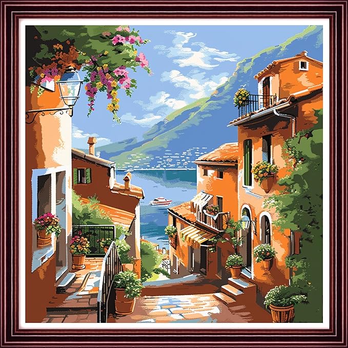 DMCCRAFT Stamped Cross Stitch Kits for Adults 11CT Printed Cross-Stitch Patterns Embroidery Kits Easy Cross Stitching Needlepoint Kits Crossstitch-Seaside Ancient Style Houses 18x18 inch