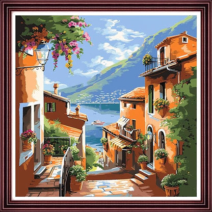 DMCCRAFT Stamped Cross Stitch Kits for Adults 11CT Printed Cross-Stitch Patterns Embroidery Kits Easy Cross Stitching Needlepoint Kits Crossstitch-Seaside Ancient Style Houses 18x18 inch