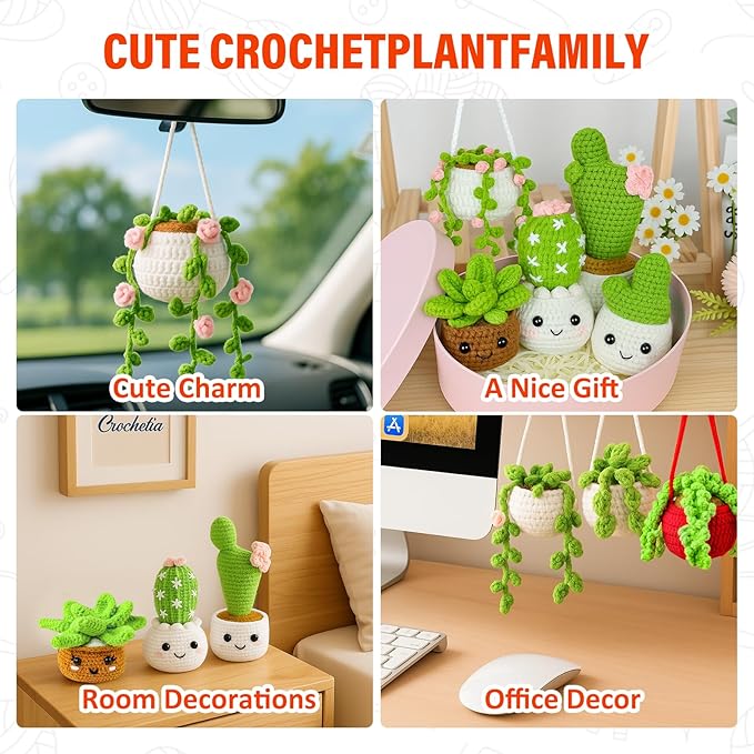 Inawenxlg Crochet Kit for Beginners with Video Tutorials – Amigurumi Starter Set to Make 6 Hanging Potted Plants