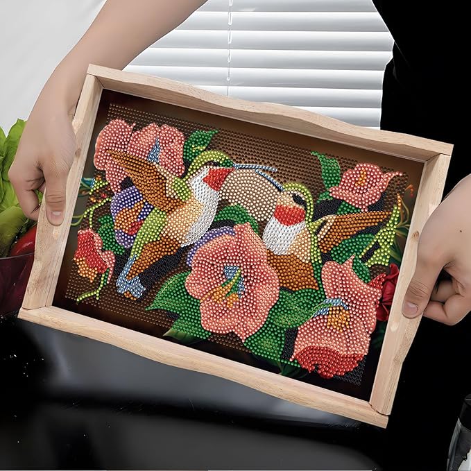 FGbaby DIY 5D Flower Hummingbird Diamond Painting Wood Serving Tray with Handles Diamond Art Serving Trays Wooden Tray for Breakfast in Bed, Patio, BBQ, Coffee Table, Party –Great for Lap & Couch