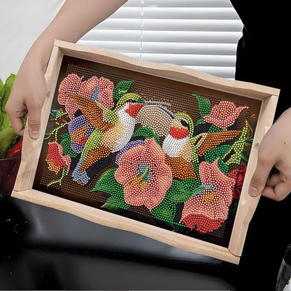 FGbaby DIY 5D Flower Hummingbird Diamond Painting Wood Serving Tray with Handles Diamond Art Serving Trays Wooden Tray for Breakfast in Bed, Patio, BBQ, Coffee Table, Party –Great for Lap & Couch