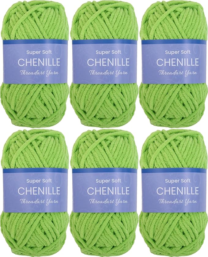 Threadart 6 Pack Super Soft Chenille Yarn - Bulky Yarn, Polyester, 50g/60yds, Lime Green