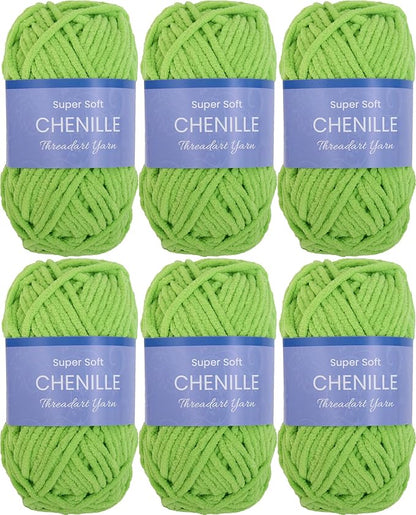 Threadart 6 Pack Super Soft Chenille Yarn - Bulky Yarn, Polyester, 50g/60yds, Lime Green