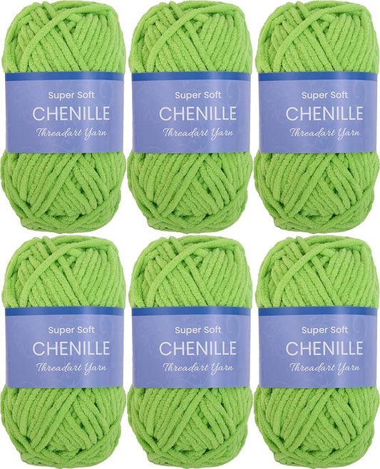 Threadart 6 Pack Super Soft Chenille Yarn - Bulky Yarn, Polyester, 50g/60yds, Lime Green