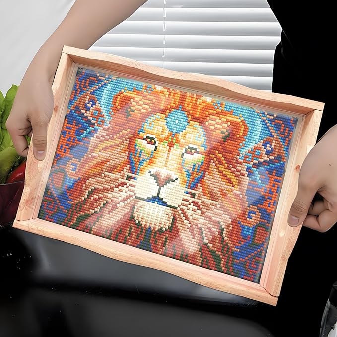 FGbaby DIY 5D Colorful Lion Diamond Painting Wood Serving Tray with Handles Diamond Art Decor Serving Trays Wooden Tray for Breakfast in Bed, Patio, BBQ, Coffee Table, Party –Great for Lap & Couch