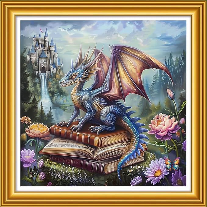 Foxhool Stamped Cross Stitch Kits,11CT Printed Cross Stitch Pattern Full Embroidery Kits for Beginner Needlepoint Kits&Pterosaur Book Castle 18x18 inch