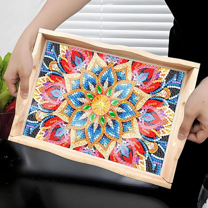 FGbaby DIY 5D Mandala Diamond Painting Wood Serving Tray with Handles Diamond Art Decorative Serving Trays Wooden Tray for Breakfast in Bed, Patio, BBQ, Coffee Table, Party – Great for Lap & Couch