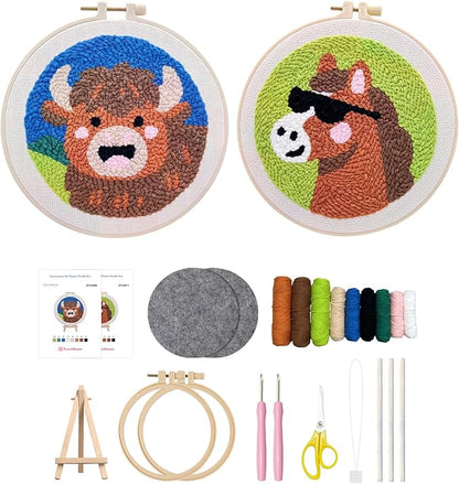 Punch Needle Kit for Adult Beginner, 2-Pack Horse & Highland Cow Punch Embroidery Starter Set with Instructions – Yarn Needle Punch Craft for Xmas Gift Idea & Home Wall Decor