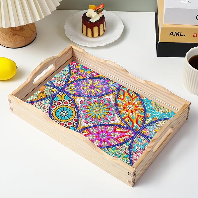 EWJRNSF Diamond Art Kits for Adults Wooden Serving Trays with Handles, 5D Diamond Painting Big Gem Arts and Craft Gifts Trays Decor Gift Home Decor 7.8x11.8 Inches Mandala A