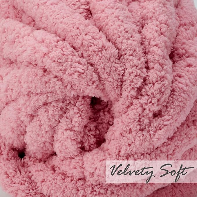 ERLYEEN Chenille Chunky Yarn Super Bulky Soft Thick Fluffy Jumbo Giant Washable Polyester Big Yarn DIY for Arm Knit Blanket Cushion Bed Sofa Home Decor,Leather Pink,1.1LB