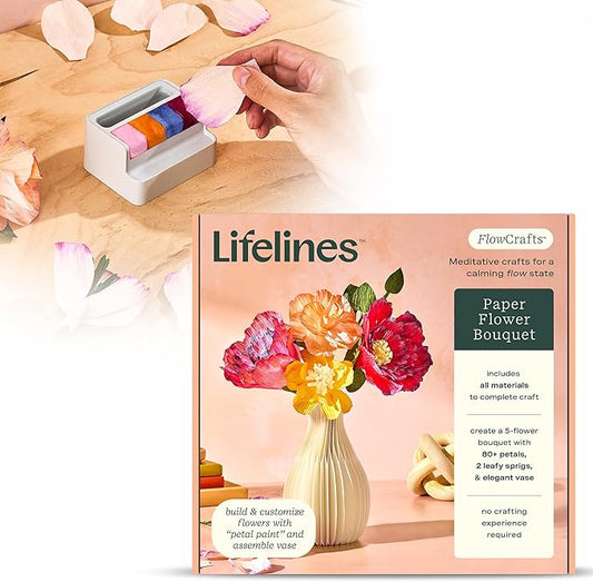 Lifelines FlowCrafts, Paper Flower Bouquet - Create a 5-Flower Bouquet with 80+ Petals, 2 Leafy Sprigs & Elegant Vase - Sensory Arts & Crafts Kit for Teens & Adults - Paper Decorations