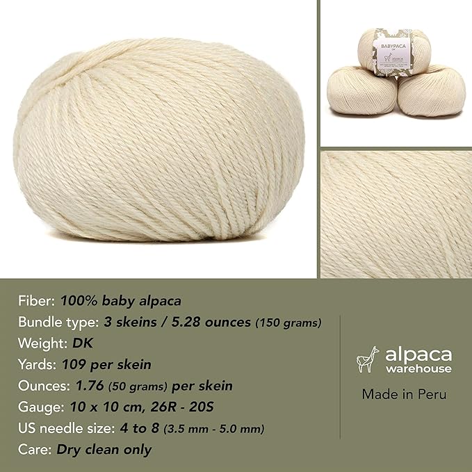 100% Baby Alpaca Yarn Wool Set of 3 Skeins (150 Grams) DK Weight - Made in Peru - Heavenly Soft and Perfect for Knitting and Crocheting (Ivory, DK)