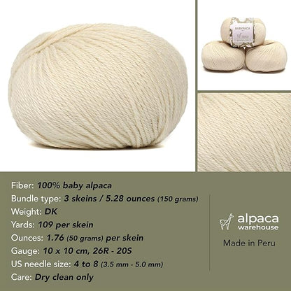 100% Baby Alpaca Yarn Wool Set of 3 Skeins (150 Grams) DK Weight - Made in Peru - Heavenly Soft and Perfect for Knitting and Crocheting (Ivory, DK)
