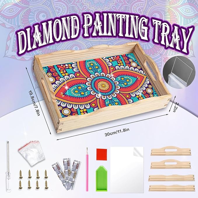 EWJRNSF Diamond Art Kits for Adults Wooden Serving Trays with Handles, 5D Diamond Painting Big Gem Arts and Craft Gifts Trays Decor Gift Home Decor Mandala02 New