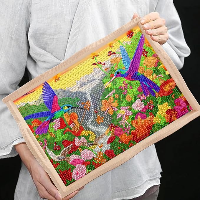 DOTSOPS 5D Diamond Art Kits for Adults Wooden Serving Tray with Handle Special Diamond Painting Plate Big Gem Dots Paint by Numbers Crafts Kits for Living Room Mandala 7.8x11.8 Inches