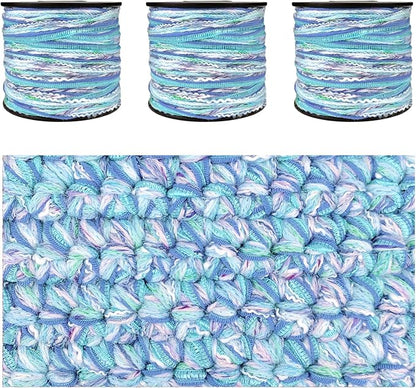 Hand-Blended Multifiber Multicolored Fancy Yarn with Subtle Shimmering Threads for Knitting Crocheting Crafts DIY, Set of 3 Rolls (Mint Blue)