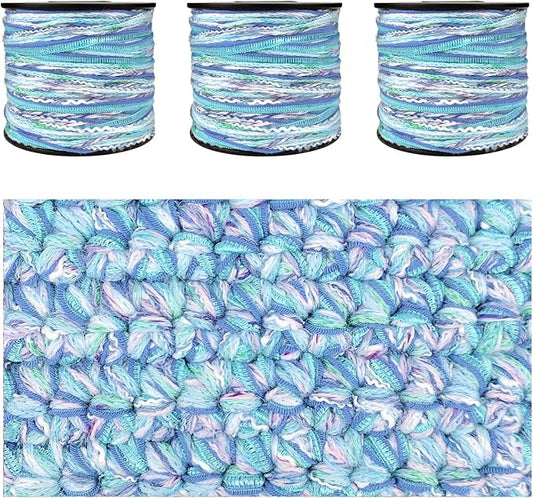 Hand-Blended Multifiber Multicolored Fancy Yarn with Subtle Shimmering Threads for Knitting Crocheting Crafts DIY, Set of 3 Rolls (Mint Blue)