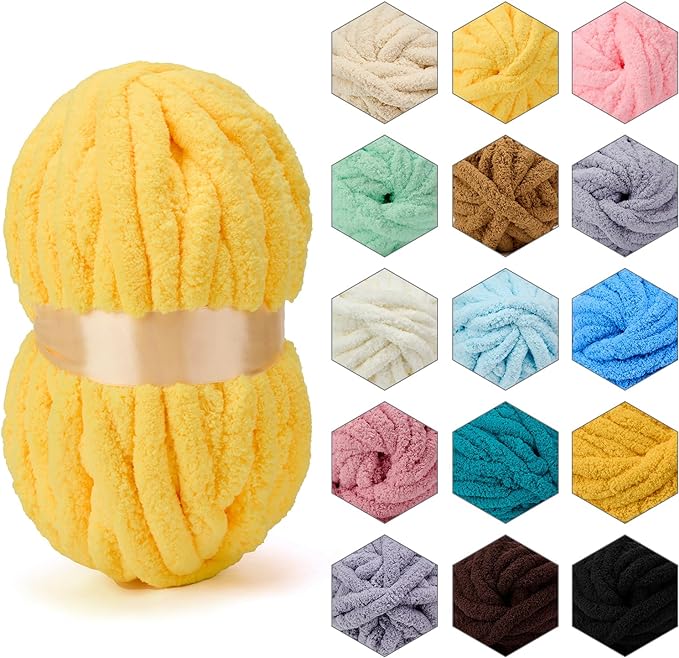 ERLYEEN Chenille Chunky Yarn Super Bulky Soft Thick Fluffy Jumbo Giant Washable Polyester Big Yarn DIY for Arm Knit Blanket Cushion Bed Sofa Home Decor,Yellow,0.55LB