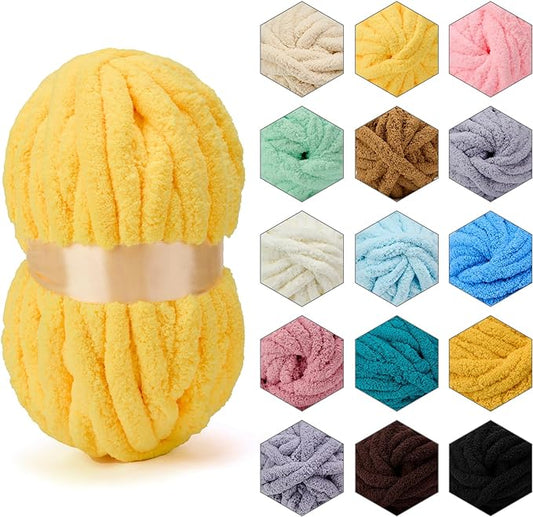 ERLYEEN Chenille Chunky Yarn Super Bulky Soft Thick Fluffy Jumbo Giant Washable Polyester Big Yarn DIY for Arm Knit Blanket Cushion Bed Sofa Home Decor,Yellow,0.55LB