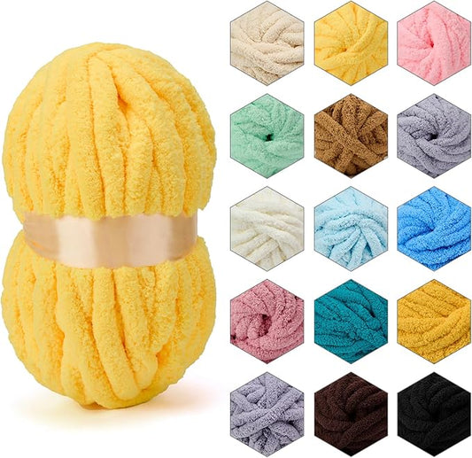 ERLYEEN Chenille Chunky Yarn Super Bulky Soft Thick Fluffy Jumbo Giant Washable Polyester Big Yarn DIY for Arm Knit Blanket Cushion Bed Sofa Home Decor,Yellow,1.1LB