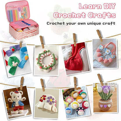 GMAK Crochet Kit for Beginners Adults, 59 PCS Crocheting Sets Include Yarn, Hooks and Tools, Portable Crochet Starter Kit for Making Variety Projects Crocheting Supplies, Pink Stripe