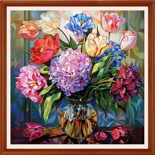 Foxhool Stamped Cross Stitch Kits,11CT Printed Cross Stitch Pattern Full Embroidery Kits for Beginner Needlepoint Kits&Flower vases 18x18 inchs