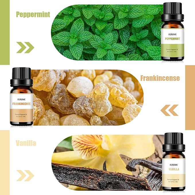 KURJIME Essential Oil Set, Earthy Scents Fragrance Oil Essential Oils for Diffuser Oil Scents | Peppermint, Frankincense, Vanilla, Helichrysum, Neroli, Tobacco Vanilla Scented Oils, 6x10ml