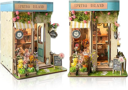 Foyucool DIY Book Nook Kit, Miniature Bookshelf Decor with LED Lights, Laser-Cut Wooden Craft Set for Adults, Creative Gift for Christmas, Birthday, Spring Island