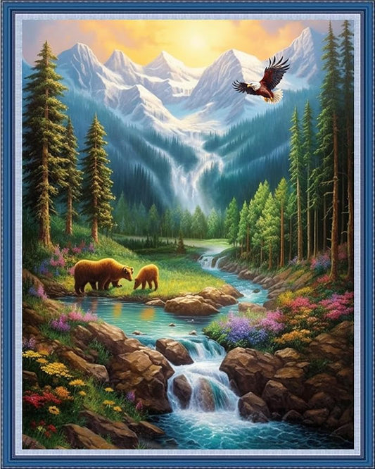 DMCVIVR Stamped Cross Stitch Kits for Beginners Adults Needlepoint Kits for Beginners Embroidery Kits for Adults Crossstitch Kit for Beginners 11CT-Mountain River Waterfall 16x20 inchs