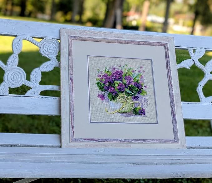 RIOLIS - Violets in a Pot 2091, Cross Stitch Kits 8¾" x 8¾", Cross Stitch Kits for Adults, Floral Counted Cross Stitch Kits, Embroidery Kit for Beginners & Advanced, Crossstitching Kits