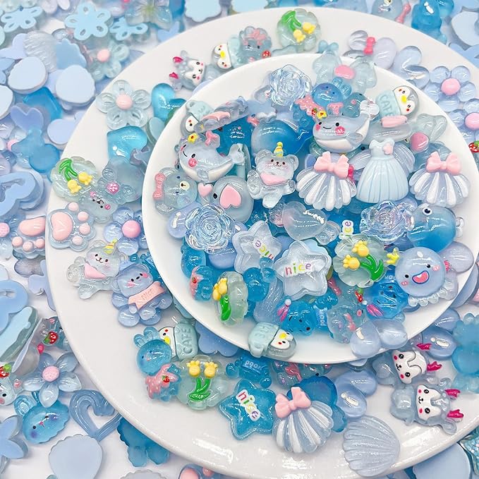 60 Pcs Slime Charms Bulk DIY Craft Making Kit, Cute Flat Back Resin Charms for Crafts (Blue)