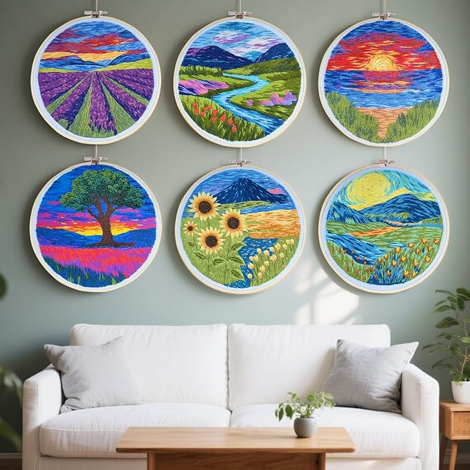 Maydear 6 Pack Embroidery Starter Kit with Pattern, Stamped Cross Stitch Kits for Beginners Adults with Embroidery Hoop and Instructions, Hand Embroidery Kit (Landscape six Sets)