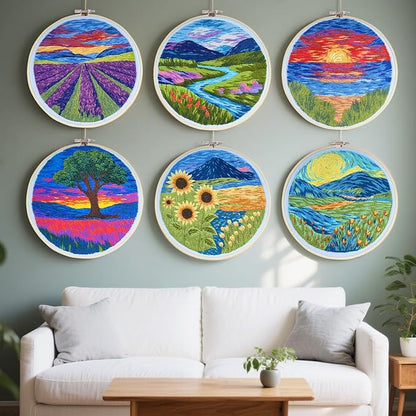 Maydear 6 Pack Embroidery Starter Kit with Pattern, Stamped Cross Stitch Kits for Beginners Adults with Embroidery Hoop and Instructions, Hand Embroidery Kit (Landscape six Sets)