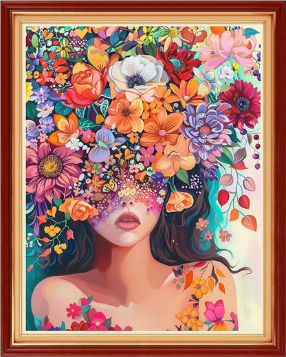 Funchey Stamped Cross Stitch Kits, DIY Cross Stitch Pattern for Adults Beginners Needlepoint Kits Embroidery Kit Arts and Crafts 11CT-Girl Flowers 16x20 inchs