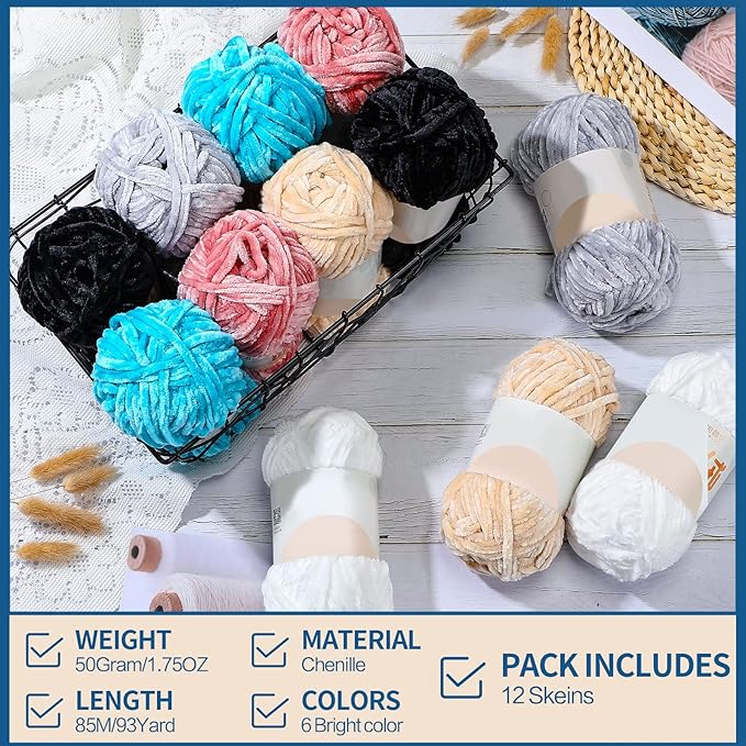 Xinnun 12 Skeins 1116 Yards Chenille Velvet Soft Thick Plush Yarn Bulk for Crocheting Knitting Baby Blanket DIY Weaving Craft, 6mm, 3.5 Oz/Skein(Multi Colors)