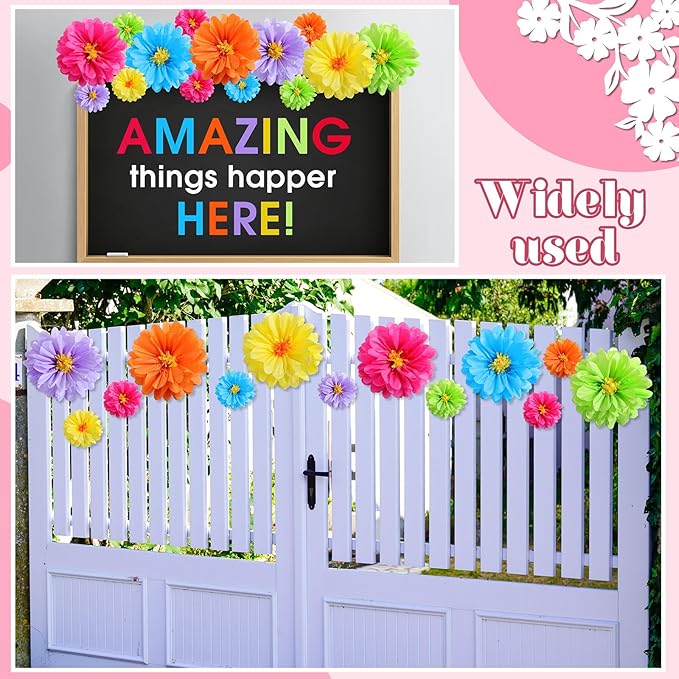 12 Pcs 10" 20" Giant Mexican Fiesta Paper Flowers Colorful Tissue Crepe Flowers Pom Poms Craft for Floral Party Backdrop Wedding Birthday Party (Cool Color)