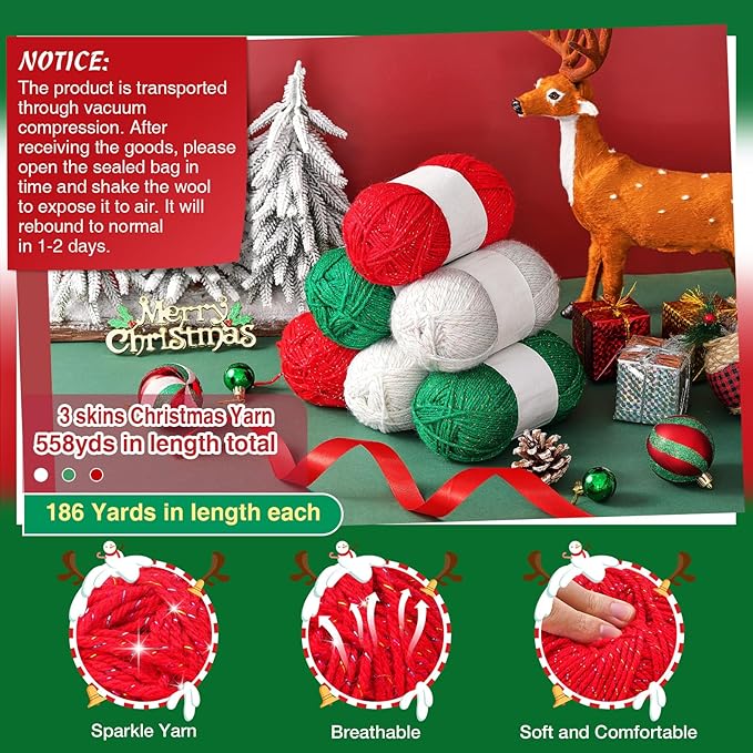 Timgle 3 Pcs Skeins Christmas Yarn for Crocheting 186 Yard Christmas Glitter Yarn Soft Each 100g/ 3.53 oz Knitting Crocheting Gift Craft Project Assorted Starter (Red Green White)