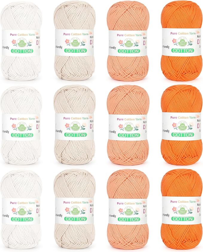 Katech 1OO% Cotton Yarn for Crocheting & Knitting–12-Color of 137 Yards/1.76 oz Baby Cotton Yarn Sport Weight CYC #2-Soft & Breathable-Ideal for Dishcloths, Baby Clothes, Potholders(F)