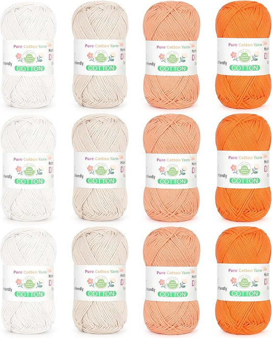 Katech 1OO% Cotton Yarn for Crocheting & Knitting–12-Color of 137 Yards/1.76 oz Baby Cotton Yarn Sport Weight CYC #2-Soft & Breathable-Ideal for Dishcloths, Baby Clothes, Potholders(F)