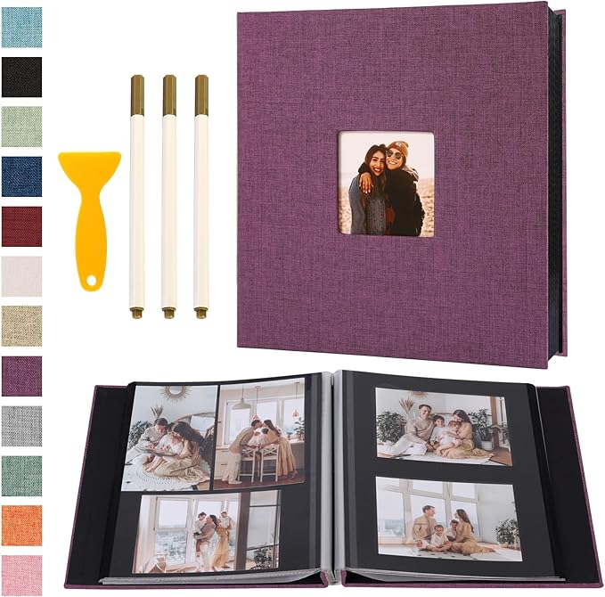 Self Adhesive Photo Album Black Pages Scrapbook Magnetic Photo Albums for 4x6 5x7 8x10 Pictures Books with Sticky Pages with A Metallic Pen for Baby Family Wedding 13.2x12.8 Purple 120 Pages