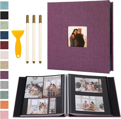 Self Adhesive Photo Album Black Pages Scrapbook Magnetic Photo Albums for 4x6 5x7 8x10 Pictures Books with Sticky Pages with A Metallic Pen for Baby Family Wedding 13.2x12.8 Purple 120 Pages