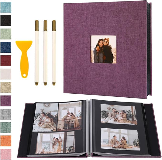 Self Adhesive Photo Album Black Pages Scrapbook Magnetic Photo Albums for 4x6 5x7 8x10 Pictures Books with Sticky Pages with A Metallic Pen for Baby Family Wedding 13.2x12.8 Purple 120 Pages