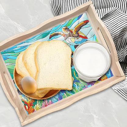DIY Diamond Art Wooden Tray Kit, Food Tray with Handle Diamond Painted Table Decoration Tray, for Breakfast, Bar Dinner Table Diamond Dots Gem Painting Art Set for Beginners-#28-Sea Turtles