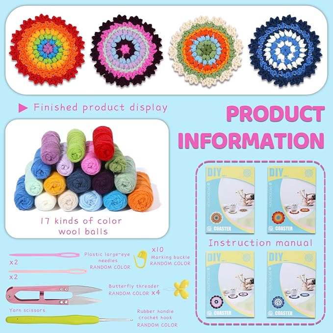 Tavkite Crochet Kit for Beginners, 4 Pack Coasters Crochet Starter Kit with Instructions and Video Tutorials, Easy to Learn Crochet Kits for Adults, Knitting Kit for Beginner DIY Craft
