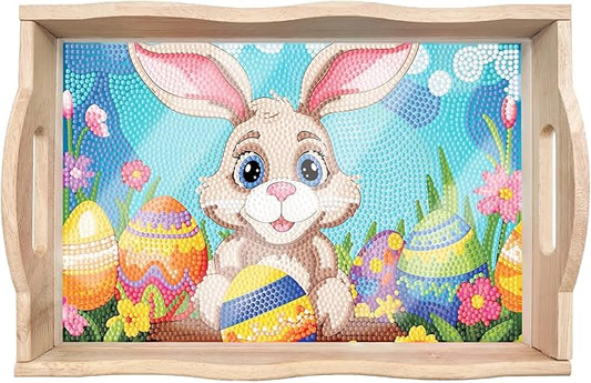 FGbaby DIY 5D Easter Bunny Eggs Diamond Painting Wood Serving Tray with Handles Diamond Art Decor Serving Trays Wooden Tray for Breakfast in Bed, Patio, BBQ, Coffee Table, Party –Great for Lap & Couch