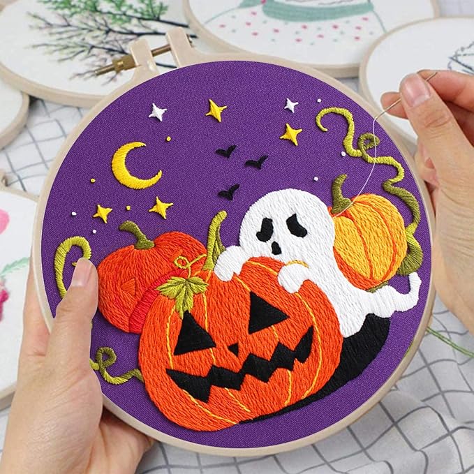 Nuberlic Halloween Embroidery Kits for Beginners Ghost Pumpkin DIY Cross Stitch Starter Craft Kits for Adults Including Cloth with Pattern Hoop Needles Instruction and Threads