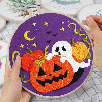 Nuberlic Halloween Embroidery Kits for Beginners Ghost Pumpkin DIY Cross Stitch Starter Craft Kits for Adults Including Cloth with Pattern Hoop Needles Instruction and Threads