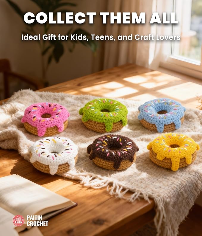 PAITIN Crochet Kit for Beginners – DIY Donut Amigurumi Crochet Kit, Easy Crochet Kits with Step-by-Step Video Tutorial and Beginner Handbook