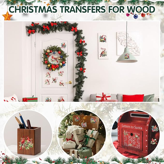 24 Sheets Vintage Christmas Rub On Transfers for Crafts, Rub On Transfers Christmas for Wood，Furniture Decals, Glass, Porcelain, Leather, Canvas, Fabric Projects,3 * 3inch(Cardinal Christmas)
